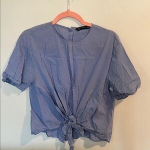 Zara Blue White Pinstripe Tie-Front Crop Top